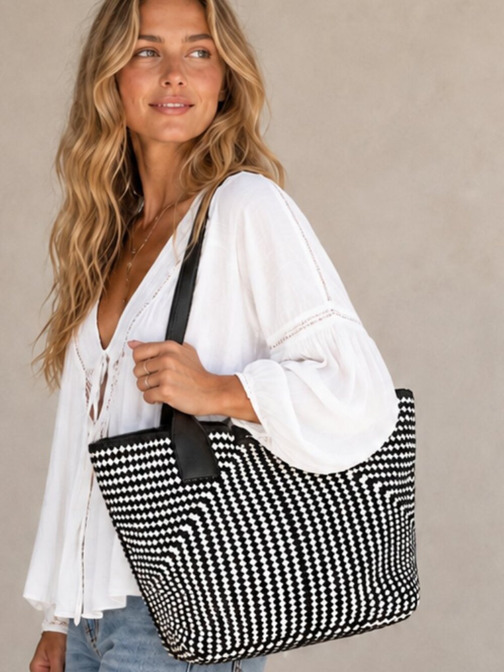 KARL LAGERFELD PARIS Henriette Black White Crochet Woven Large Tote Bag NWOT
